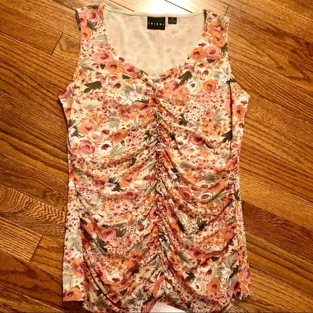 Tribal fitted sleeveless floral ruched Top size Medium